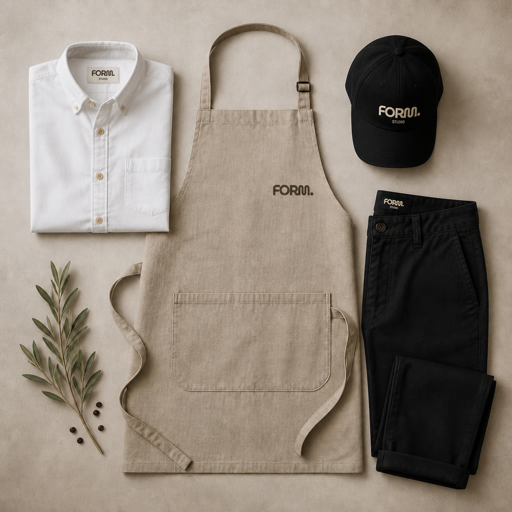 FORM. uniform set flat-lay — oxford shirt, linen apron, baseball cap, and trousers, each carrying the FORM. mark