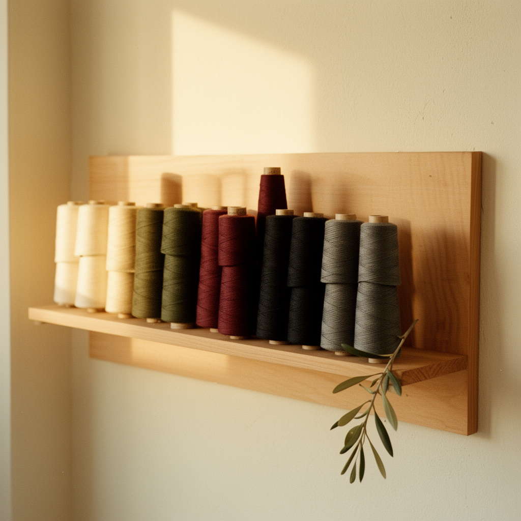 A wall-mounted wooden shelf of cone-wound thread spools in cream, olive, bordeaux, black, and storm — the FORM. palette.