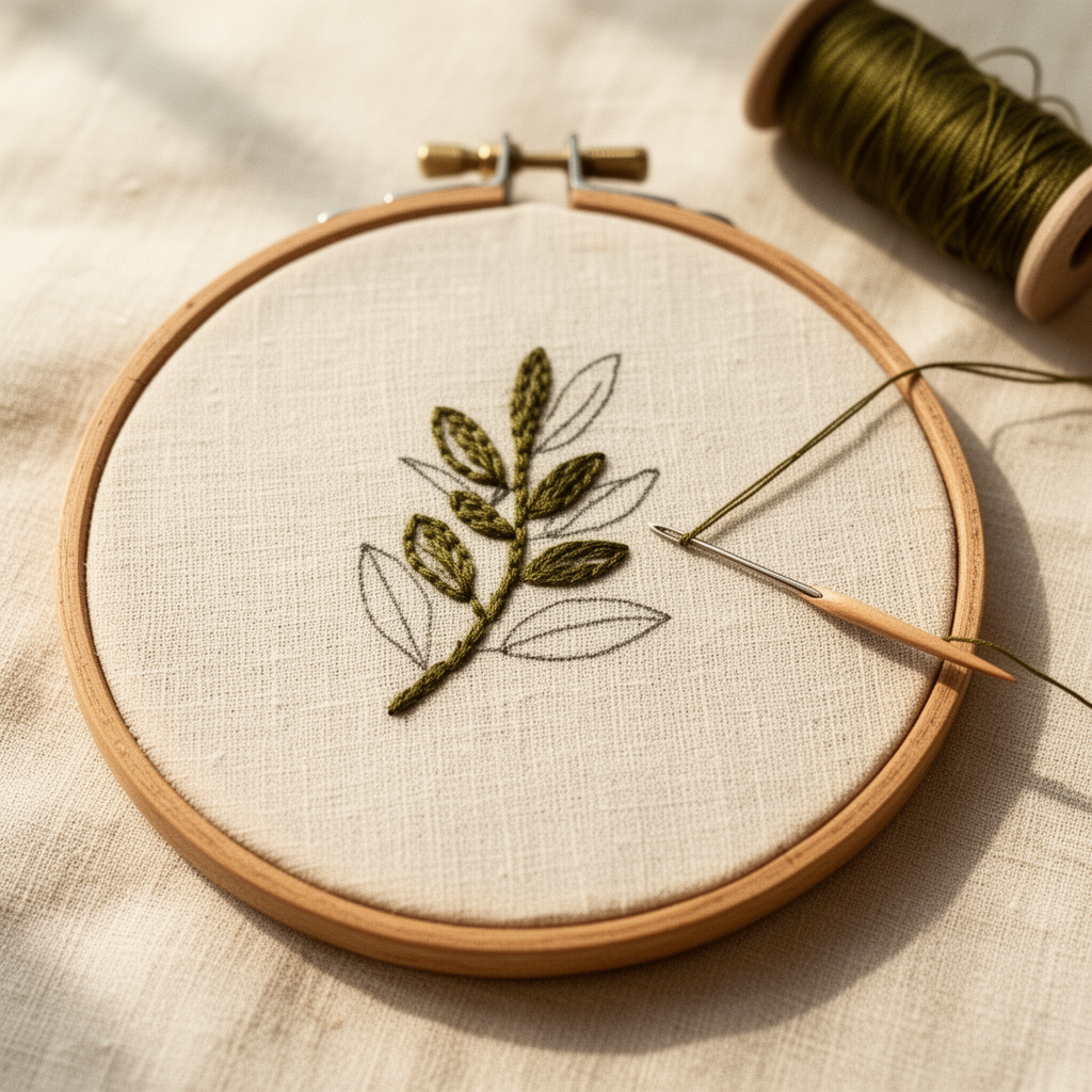 A wooden embroidery hoop holding cream linen, with an olive-sprig motif three-quarters stitched in olive thread — needle threaded with olive thread resting on the cloth.