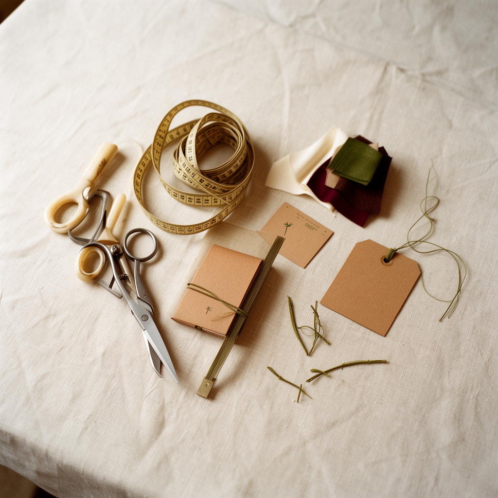 Top-down atelier workbench — bone-handled scissors, brass measuring tape, kraft hangtags, fabric swatches.