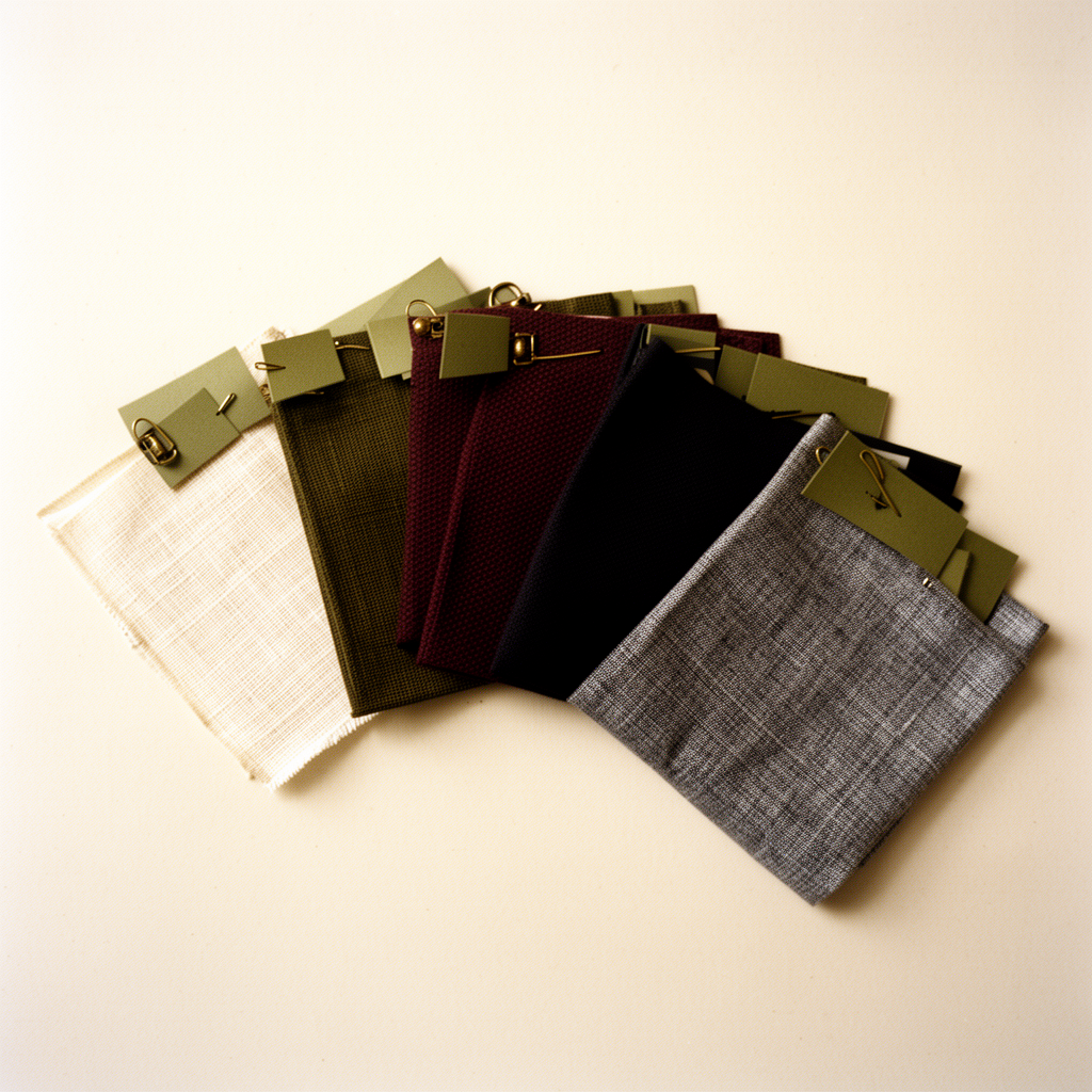Five FORM. fabric swatches fanned across a cream paper surface — cream linen, olive canvas, bordeaux piqué, noir twill, storm chambray — each pinned with an olive cardstock tag.