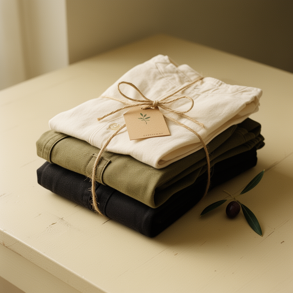 A neatly folded stack of FORM. garments — cream shirt, olive apron, black trousers — tied with raw twine and a kraft hangtag, ready to ship.