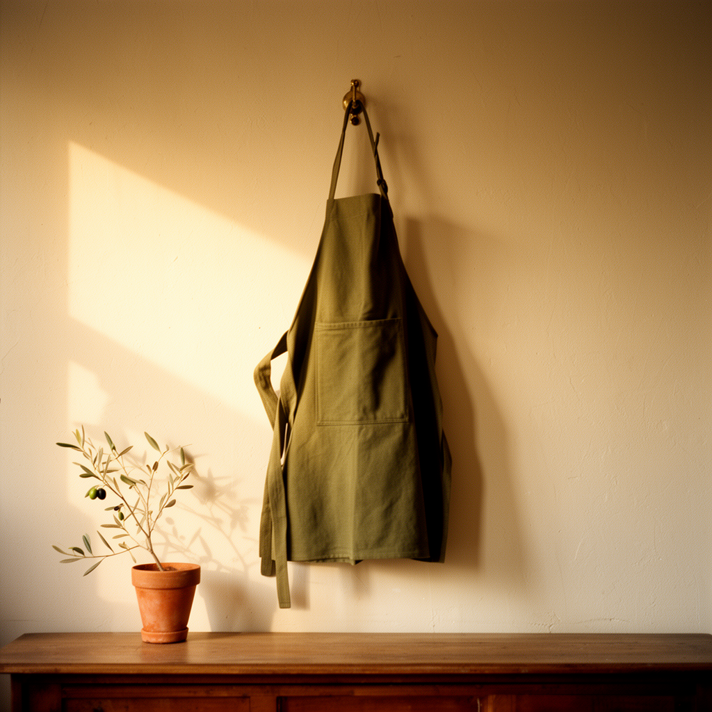 A single olive bib apron hanging on a brass hook in soft afternoon window light, with a terracotta pot and olive sprig on the wooden console below.