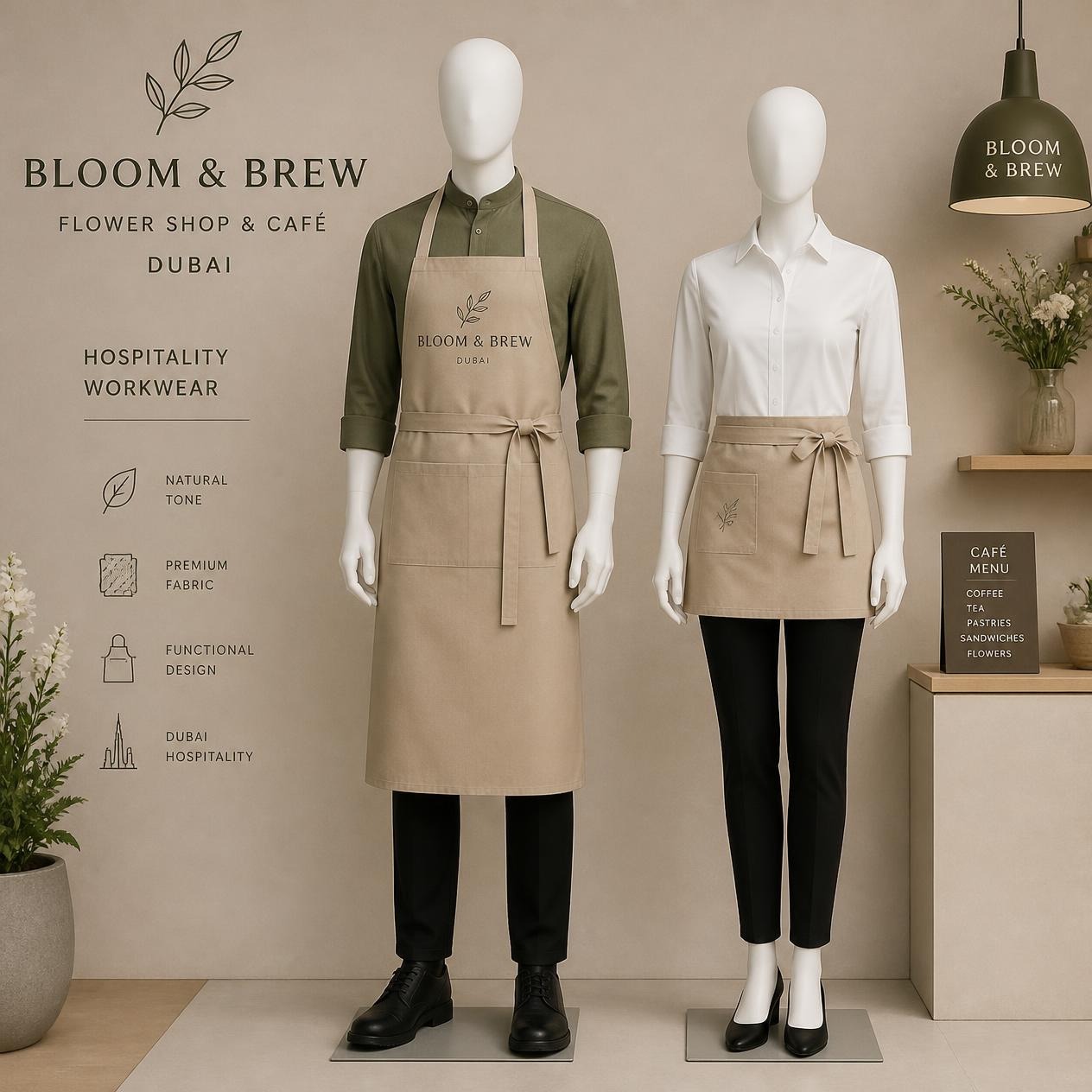 Branded hospitality workwear display — apron and chef shirt on faceless mannequins in a warm-toned studio