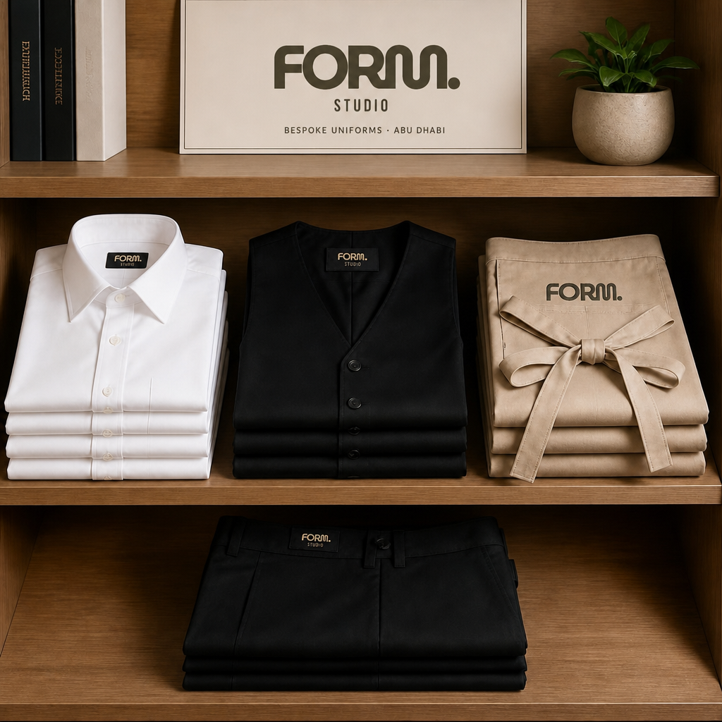 FORM. uniform set folded on warm wood shelving — wardrobe-ready, with the FORM. STUDIO mark on every garment label